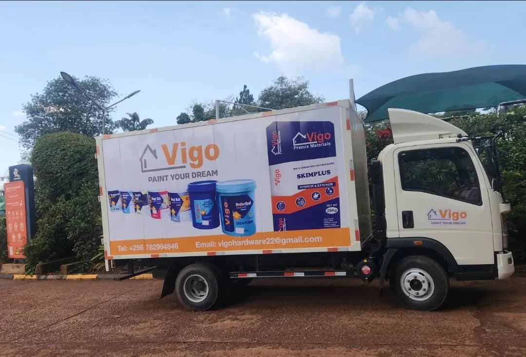 Vigo Paints supply truck loaded with product branding